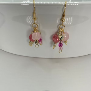 Handmade dangly earrings with pink beads and gold accents, dangle earrings, drop earrings, boho jewelry, cha cha earrings, cluster earring