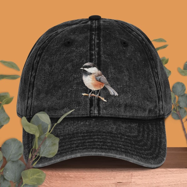 Chickadee embroidered hat, baseball cap, dad hat, black capped wildlife bird watcher gift, adjustable leather strap with brass buckle