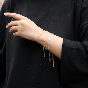 14k Gold Adjustable Smile Shape Bracelet with Ball Chain, Delicate Chain Women Bracelet, 14k Gold Curved Bar Bracelet, Perfect Gift for Her