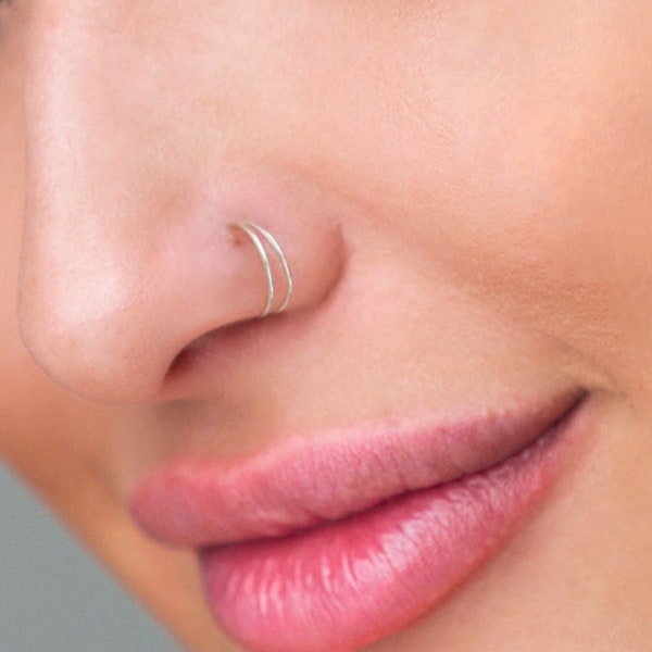 Adjustable 925 Sterling Silver 18k Gold Plated Double Hoop Single Piercing Nose Ring, Gift for Women, Spiral Nose Ring, Twisted Nose Ring