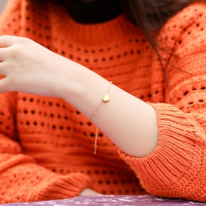 Adjustable 14k Gold Heart Bracelet, Perfect Jewelry Gift for Her, 14k Heart Station Bracelet, Gold Love Bracelet, Heart Charm Chain Bracelet