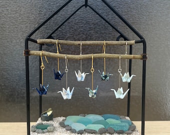Orgiami Crane Earrings, Blues Collection, Made from Japanese Yuzen paper
