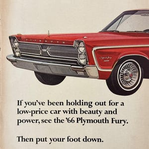 TWO 1965 Vintage Magazine Car Ad Prints, Vintage Plymouth Fury Advertisement, Retro Classic Advertisement, Wall Decor