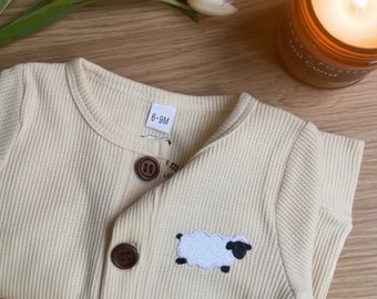 Cream Waffle Knit Baby Onesie: Embroidered Lamb, Button Front
