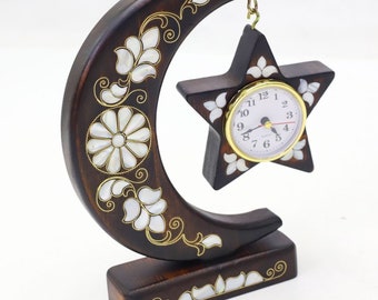 Mother-of-pearl Inlay Wooden Moon and Star Wall Clock - Handmade