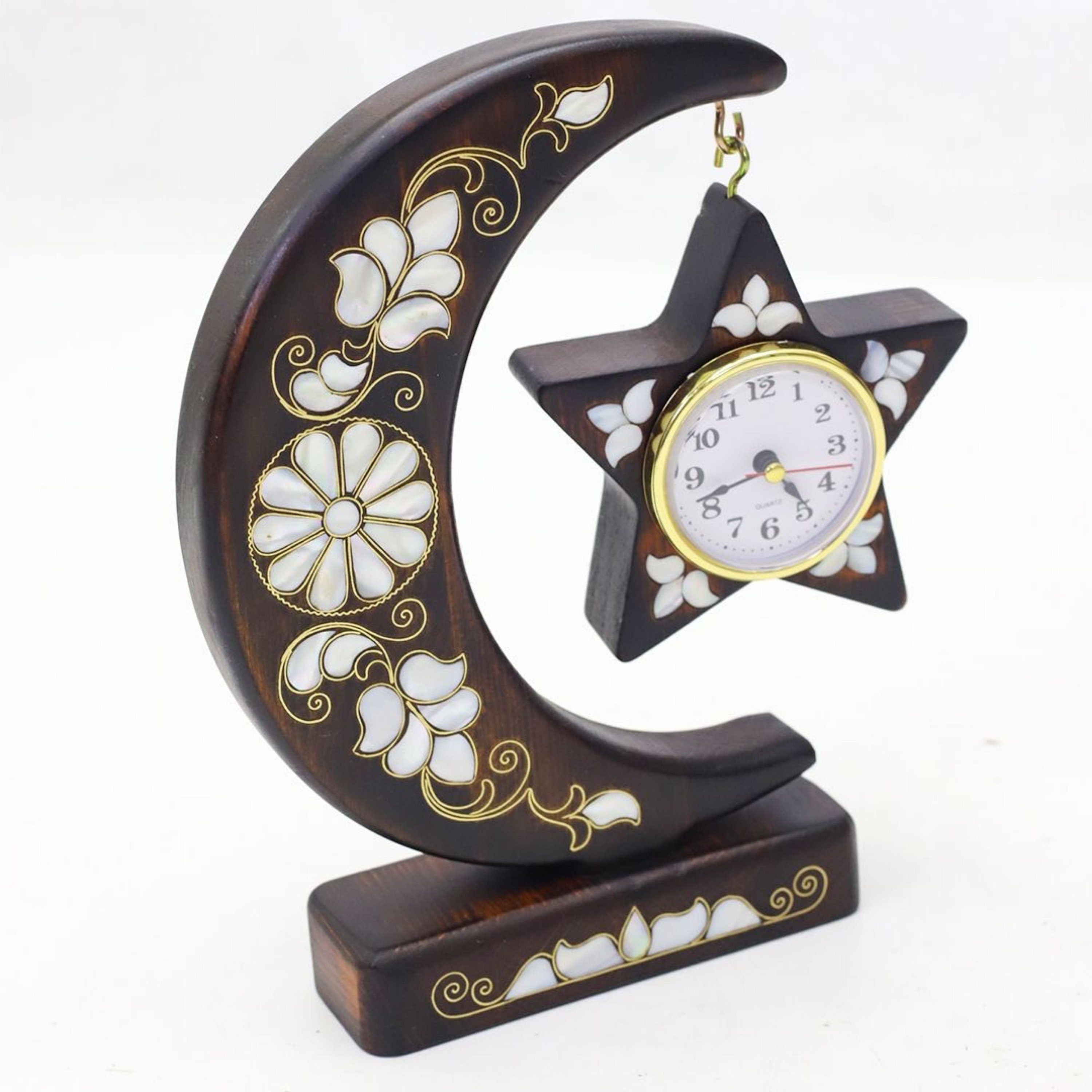 Mother-of-pearl Inlay Wooden Moon and Star Wall Clock - Handmade