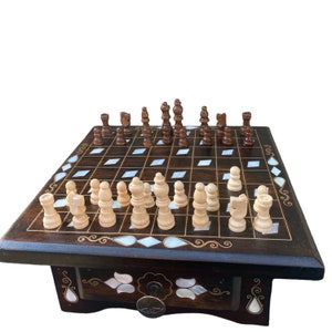 Mother of Pearl Inlaid Chess Set - Handmade Walnut Wood Drawer Product  personalized gift board game Mother&#39;s Day