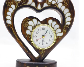 Mother of Pearl Inlay Heart Clock, Handmade Wooden Art Watch