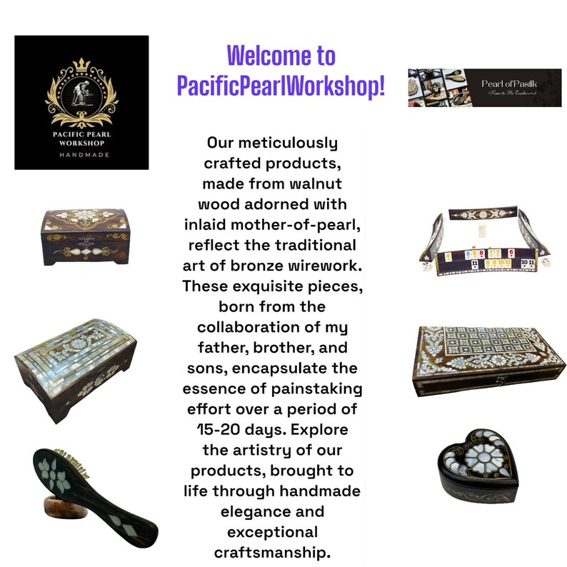 Puede incluir: Surtido de cajas de madera artesanales y un cepillo para el cabello, todos con incrustaciones de n&aacute;car y alambre de bronce. Las cajas son de varias formas, incluyendo un coraz&oacute;n, un rect&aacute;ngulo y un cuadrado. El cepillo para el cabello tiene un mango de madera y un cepillo de cerdas negras. El texto "Pacific Pearl Workshop!" es visible en la imagen.