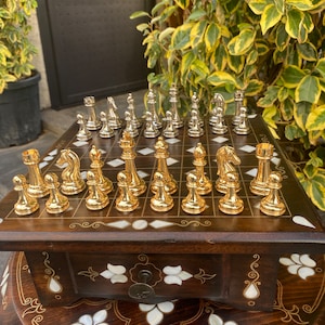 chess set with wooden drawer, mother of pearl inlaid chess, gift for mom gift for dad metal stones can be personalized handmade,