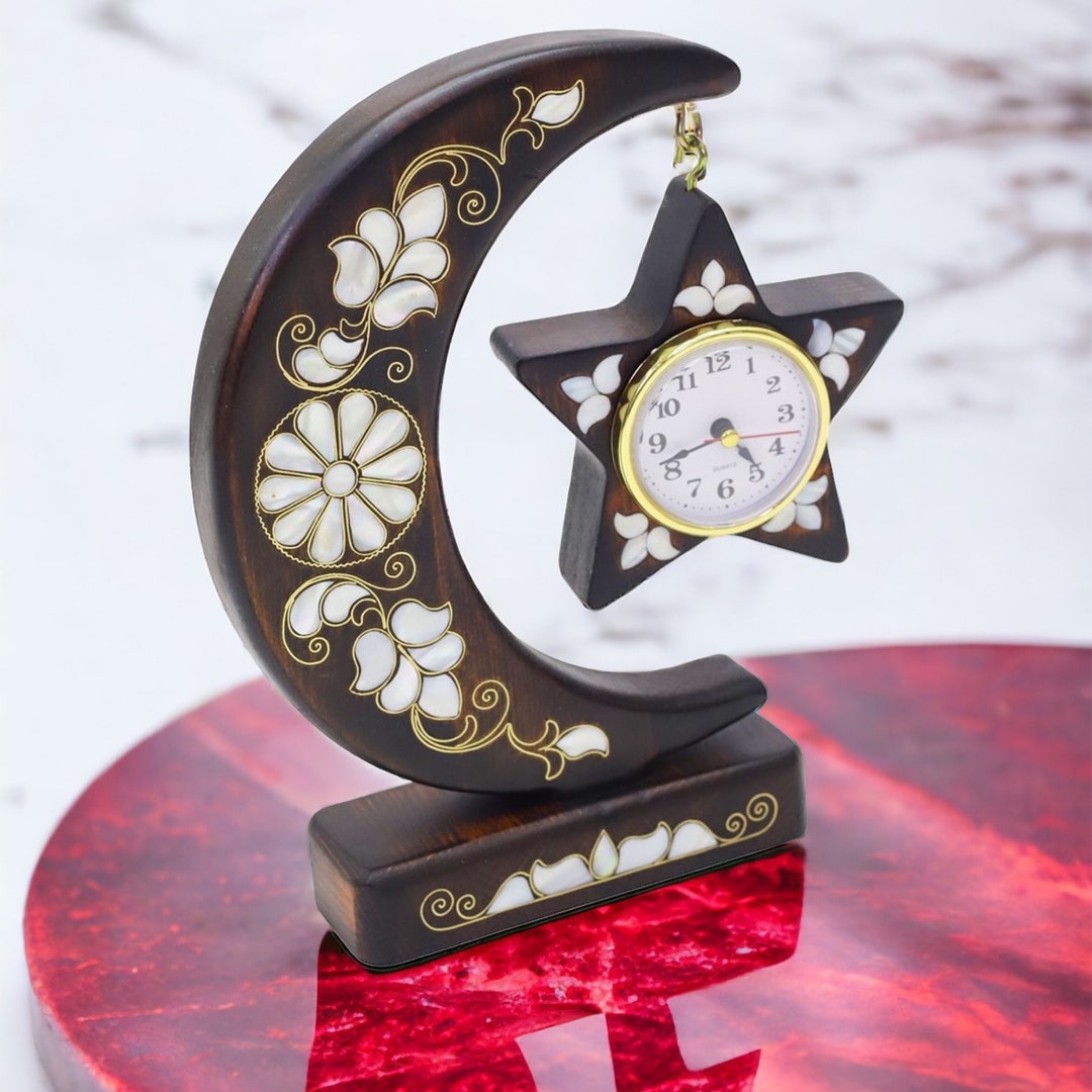 Mother-of-pearl Inlay Wooden Moon and Star Wall Clock - Handmade