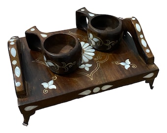 Mother of Pearl Inlaid Wood Tray and Cup Set