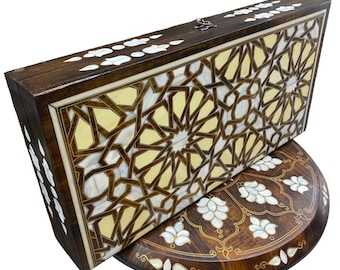 Backgammon incrusté de nacre, bois de noyer et jeu de backgammon incrusté de fil de bronze, cadeau personnalisé