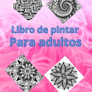 Puede incluir: Cuatro diseños intrincados en blanco y negro sobre un fondo rosa. Los diseños tienen forma de diamantes. El texto "Libro de pintar Para adultos" está en el centro de la imagen.