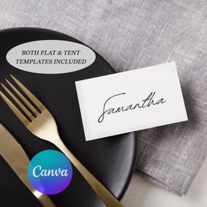 Modelo de cartões de lugar para impressão, download instantâneo digital personalizado do Canva, etiqueta de nome de jantar elegante, plana e dobrável, casamento elegante e minimalista