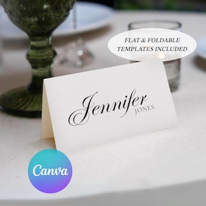 Modello di segnaposto stampabile modificabile Canva, download digitale elegante personalizzato, etichetta con nome per cena con calligrafia di classe, matrimonio minimalista