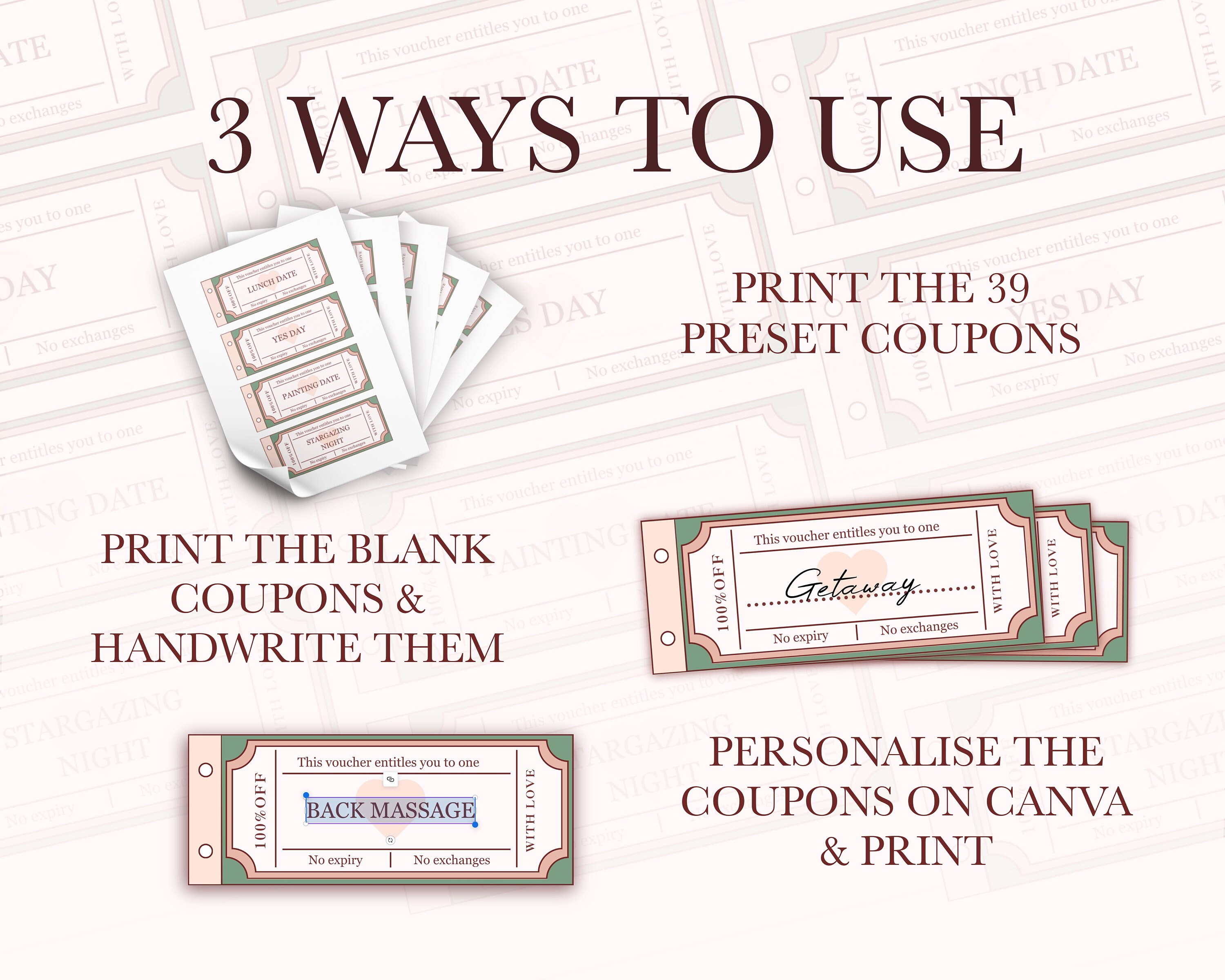 39 Printable Editable Love Coupons, Blank Love Vouchers & Canva Template, Love Vouchers, Gifts