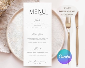 Plantilla de menú imprimible: menú editable en Canva para bodas, fiestas o eventos, menú elegante y personalizado (10x23 cm, descarga digital) A003