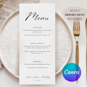 Modelo de menu para impressão, 4”x9” de comprimento Canva Food and Drinks Beverage Menu, Special Occasion Wedding Matching Menu Place Card Name Tag Bundle