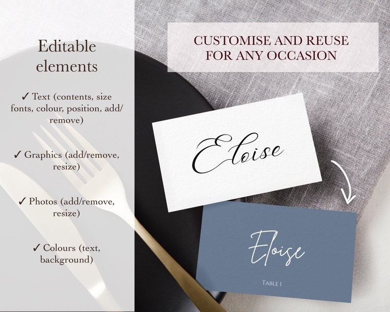 Pode incluir: Dois cart&otilde;es de lugar com o nome "Eloise" escrito em cursivo. O cart&atilde;o superior &eacute; branco com letras pretas e o cart&atilde;o inferior &eacute; azul com letras brancas. O cart&atilde;o inferior tamb&eacute;m tem o texto "Mesa 1" impresso abaixo do nome.