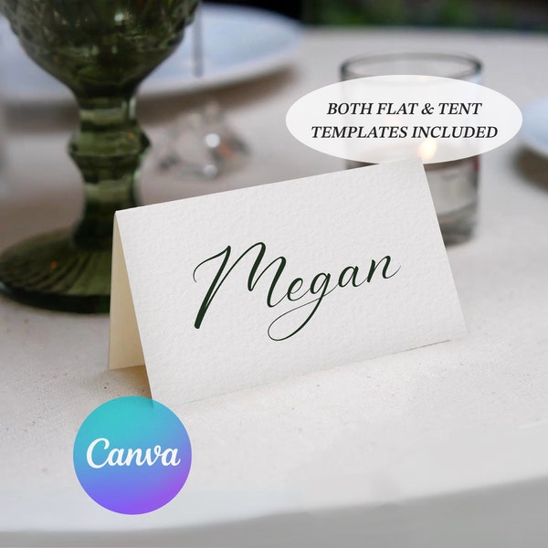 Druckbare Platzkarten Vorlage, Canva Benutzerdefinierte bearbeitbar und digitaler Download, stilvolles Abendessen Namensschild, minimalistische Hochzeit elegante Kalligraphie