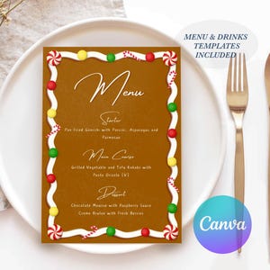 Szablon menu świątecznego do wydrukowania, 5”x7” Canva Edytowalne menu jedzenia i napojów/napojów, świąteczne nakrycie stołu, dekoracja