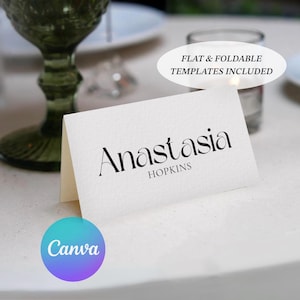 Modelo de cartões de lugar para impressão, download digital editável personalizado do Canva, etiqueta de nome de jantar elegante, caligrafia elegante de casamento minimalista