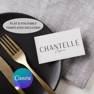 Druckbare Tischkarten Vorlage, Canva Benutzerdefinierte bearbeitbare digitaler Download, klassisches Abendessen Namensschild, minimale elegante Kalligraphie Hochzeit