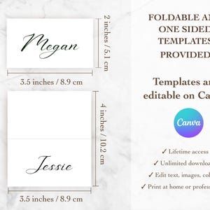 Pode incluir: Dois modelos de cart&atilde;o de lugar imprim&iacute;veis para um casamento ou outro evento. Os modelos medem 3,5 polegadas por 8,9 cm e 2 polegadas por 5,1 cm. Os modelos s&atilde;o edit&aacute;veis no Canva e incluem o texto "Megan" e "Jessie".