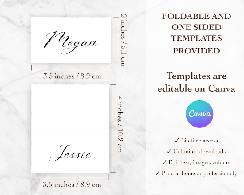 Pode incluir: Dois modelos de cart&atilde;o de lugar imprim&iacute;veis para um casamento ou outro evento. Os modelos medem 3,5 polegadas por 8,9 cm e 2 polegadas por 5,1 cm. Os modelos s&atilde;o edit&aacute;veis no Canva e incluem o texto "Megan" e "Jessie".