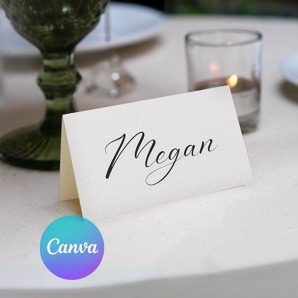 Plantilla de tarjetas de lugar imprimibles, descarga digital y editable personalizada de Canva, etiqueta de nombre de cena con clase, caligrafía elegante de boda minimalista