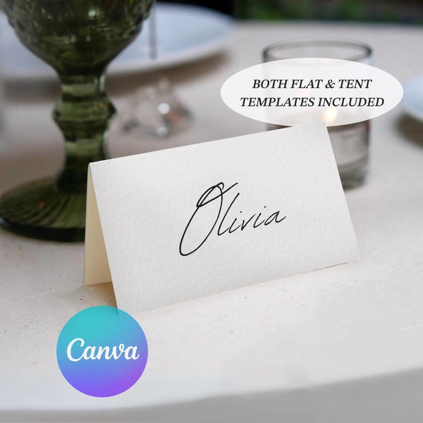 Druckbare Tischkarten Vorlage, Canva Benutzerdefinierte bearbeitbar und digital Sofort-Download, stilvolles Abendessen Namensschild, minimalistische elegante Hochzeit