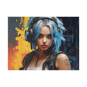 Blue haired cybeerpunk girl Matte Canvas, Stretched, 0.75&quot;