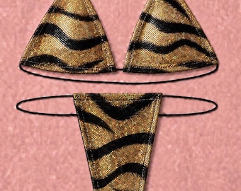 Barely  Legal  Collection | Gold & Black Tiger Print | Extreme Micro 2 Piece Set | 1mm Elastic | One Size