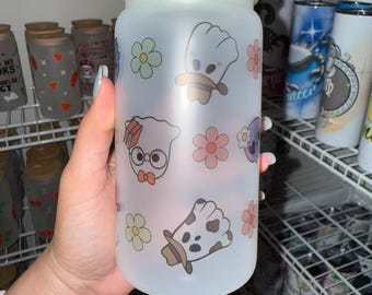 Vaso de vidrio esmerilado con diseño de fantasmas y flores kawaii (16 oz)