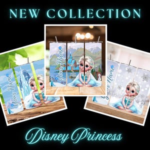 Puede incluir: Tres dise&ntilde;os de sublimaci&oacute;n con una imagen de dibujos animados de una ni&ntilde;a con cabello rubio y ojos azules que lleva un vestido azul. Los dise&ntilde;os son para un vaso de 20 oz e incluyen el texto "Your Name". Los dise&ntilde;os est&aacute;n inspirados en la pel&iacute;cula de Disney Frozen.