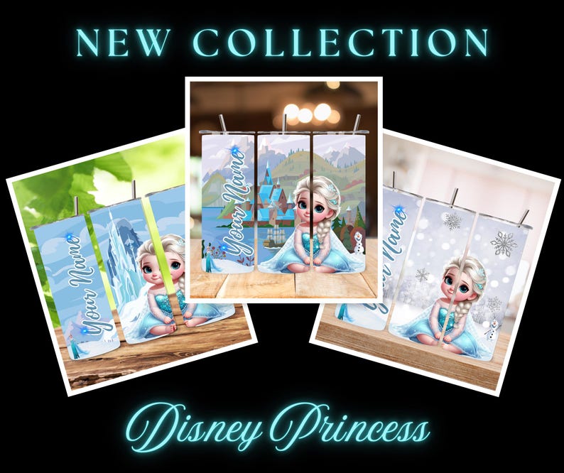 Puede incluir: Tres dise&ntilde;os de sublimaci&oacute;n con una imagen de dibujos animados de una ni&ntilde;a con cabello rubio y ojos azules que lleva un vestido azul. Los dise&ntilde;os son para un vaso de 20 oz e incluyen el texto "Your Name". Los dise&ntilde;os est&aacute;n inspirados en la pel&iacute;cula de Disney Frozen.