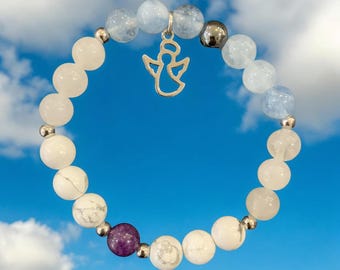 Pulseira elástica de ágata e ametista feita à mão em pedra natural com pingente de anjo