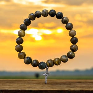 Natural Stone Handmade Tiger’s Eye Stretch Bracelet with Silver Cross