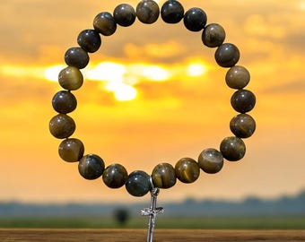Natural Stone Handmade Tiger’s Eye Stretch Bracelet with Silver Cross