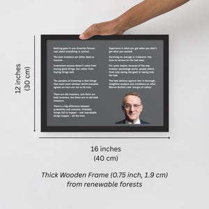 May include: A black framed print with a white background and grey text. The print features quotes about investing from Warren Buffet and other investors. The print is 40 cm by 30 cm and has a thick wooden frame.