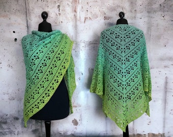 Patrón de crochet para el chal Minai en alemán, inglés y finlandés.
