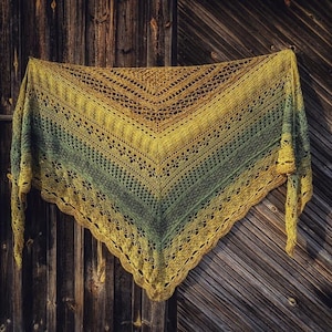 May include: A crocheted shawl in shades of yellow and green, with a delicate lace pattern. The shawl is hanging on a wooden wall.