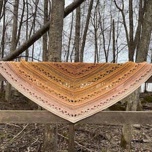 May include: A crocheted shawl in a gradient of peach, orange, and yellow colors. The shawl is draped over a wooden fence in a forest setting.