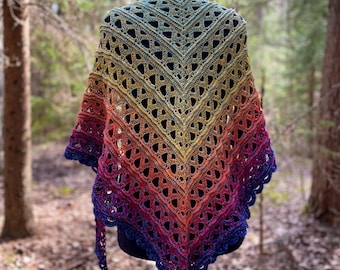 Patrón de crochet para el chal Sunweaver en alemán, inglés y finlandés