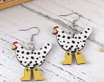 Wooden Chicken Earrings with Dangle Feet