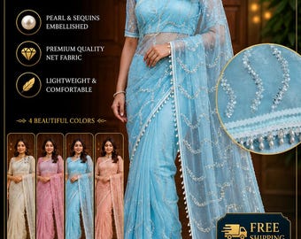 Sari de red bordado: Vestido de fiesta de boda con perlas de diseñador / Elegante atuendo indio para invitada de boda