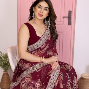 Georgette Bandhani Saree: Rajwadi Embroidery Border, Indian Wedding Wear