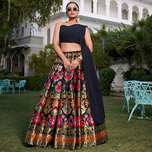 Black Banarasi Silk Lehenga Choli: Georgette Blouse, Indian Wedding Outfit