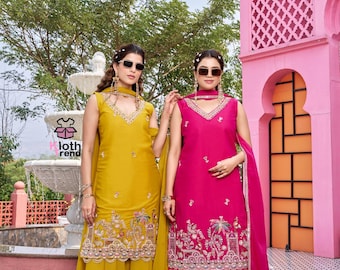 Conjunto indio Haldi Sangeet Kurta Palazzo con dupatta y vestido de georgette con lentejuelas y cuentas